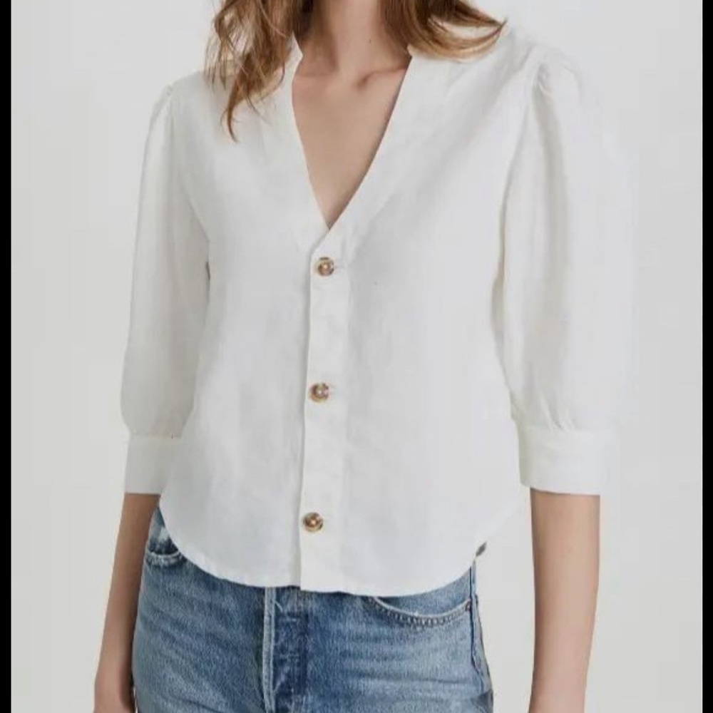 DL1961 Candace Puffed Sleeve Button Up Linen Shirt, white/cream, size large